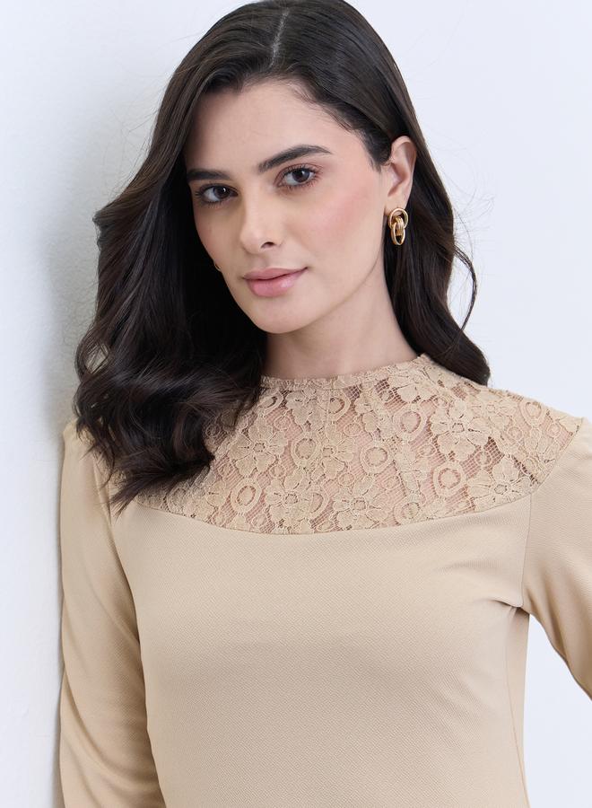 Styli Women Beige Lace Detail Long Sleeves Midi Dress - Image 4